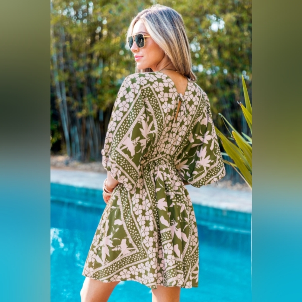 Cupshe Olive Green & Blush Pink Floral Mini Boho Style Dress Plus Size 18 NWOT - Picture 6 of 10